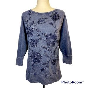 LUCKY lotus embroidered appliquee 3/4 sleeve heavy knit top sz L navy acid wash